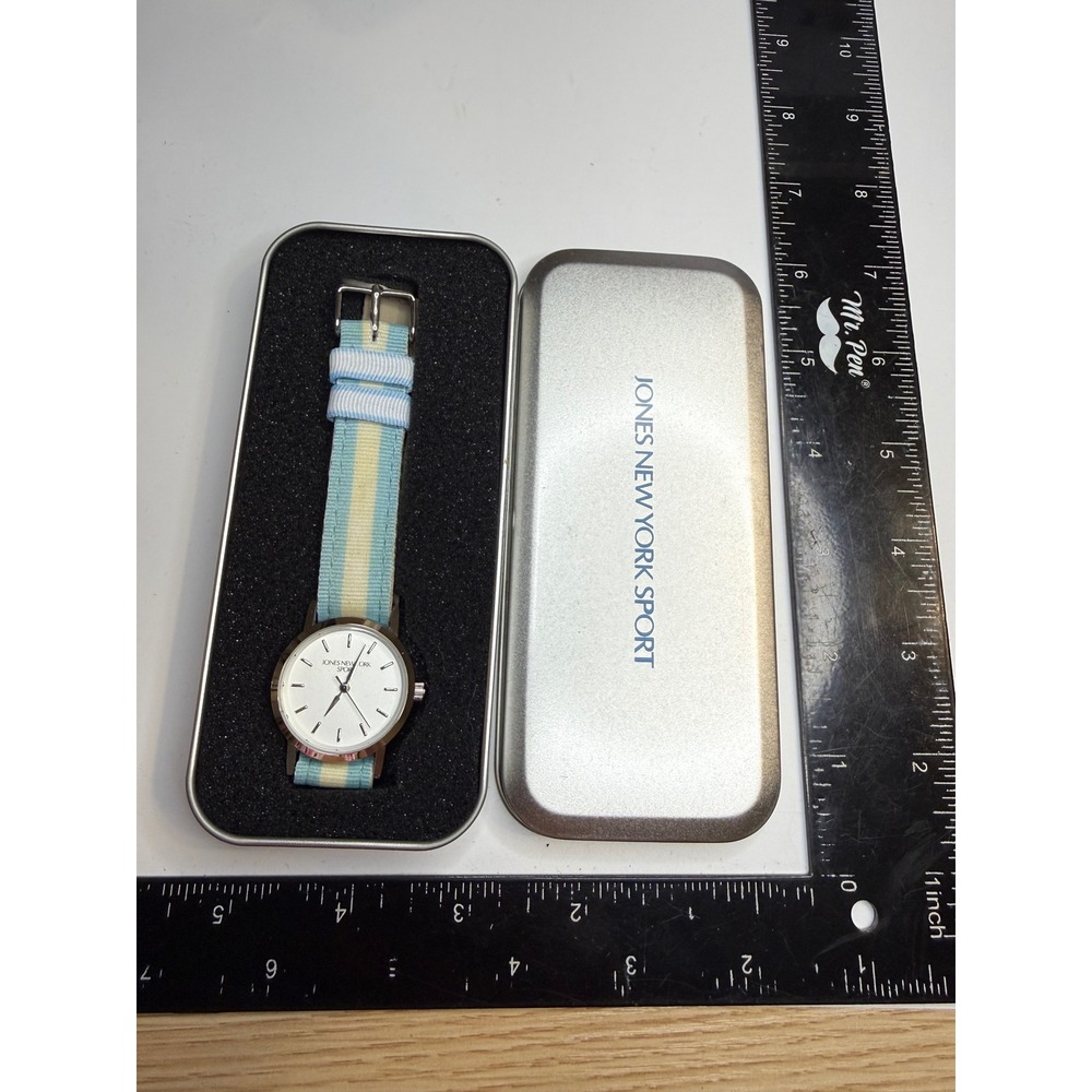 Jones New York Sport Watch Striped Blue Yellow Fabric Band Silver Tone Tin Case